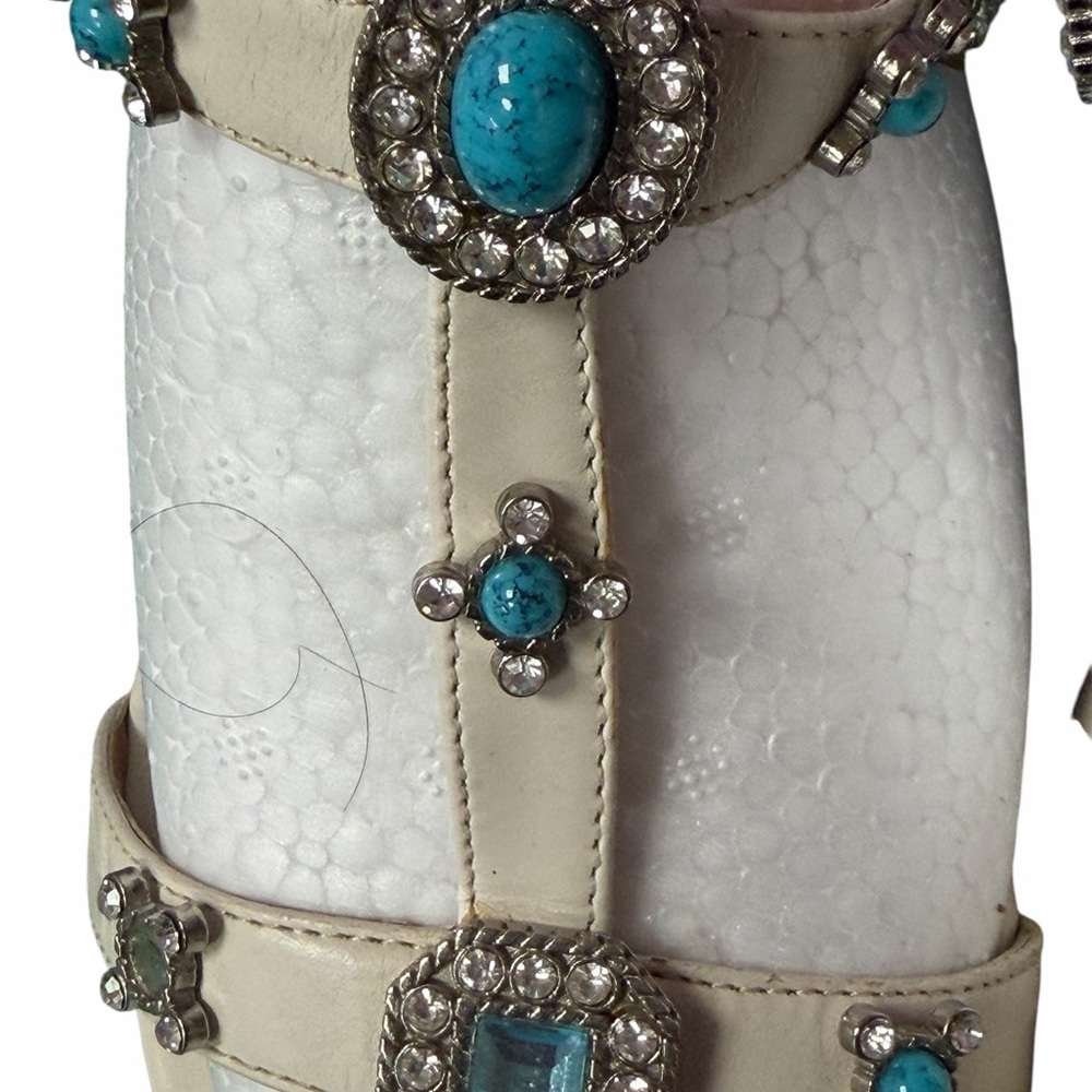 Franco Sarto Ivory Leather Jeweled T-Strap Heels with Turquoise Accents - Picture 3 of 6